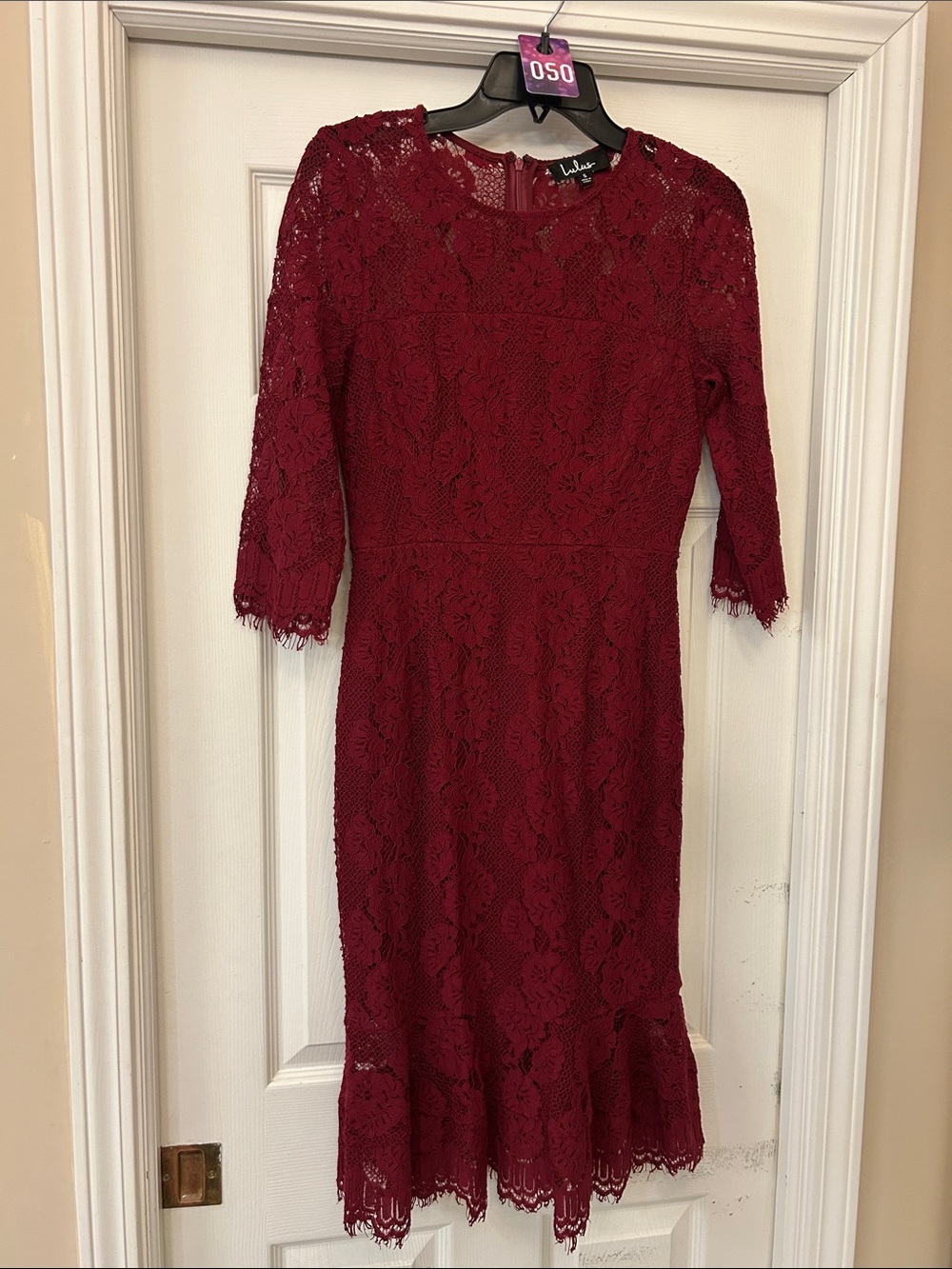 Lulu's Wine Red Floral Lace Midi Dress